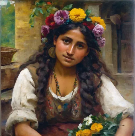 agierymski portrait of a beautiful young gypsy woman with long curly hair selling flowers<lora:agierymski:1>