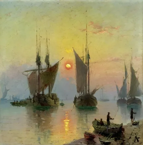 agierymski fishing ships on the sea at sunset<lora:agierymski:1>