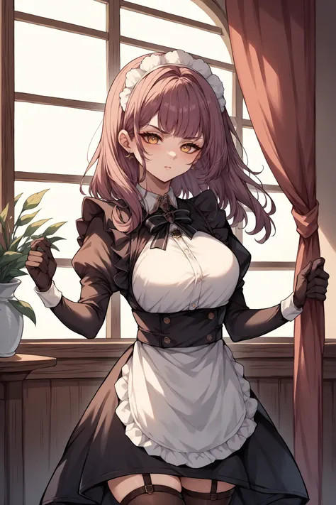 score_9, score_8_up, score_7_up, , rating_general,1girl ,dvmd, maid headdress, maid, black gloves, maid apron, thigh holster, thighhighs, source_anime, indoors,  cowboy shot,  <lora:DevonshirePDANICAMEq2v1.3 AL-000008:1>,  facing viewer,