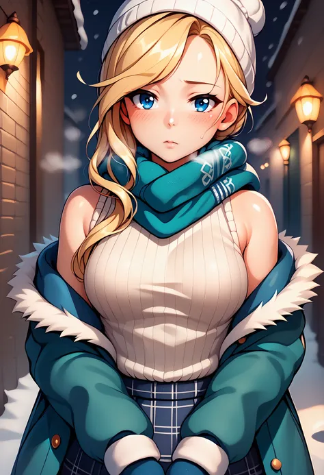 score_9,score_8_up,score_7_up, score_6_up BREAK 1girl, solo, medium breasts, hoddef, hair over shoulder, long hair, single hair bun, white beanie, down jacket, fur trim, winter clothes, scarf, mittens, plaid skirt, long sleeves, ribbed sweater, off shoulde...