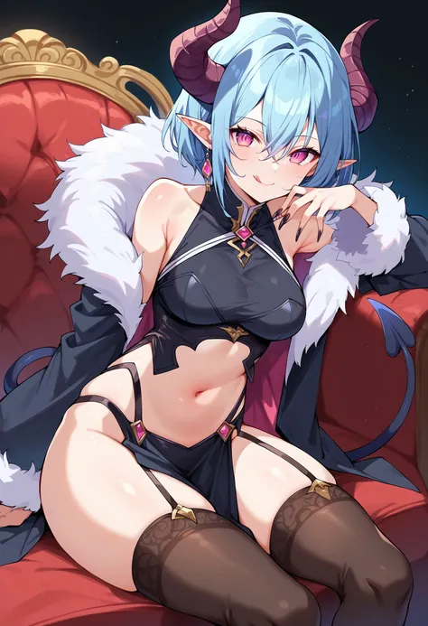 score_9, score_8_up, score_7_up, score_6_up, source anime,
kintadistortion, 1girl, solo, tongue out, horns, thighhighs, pointy ears, tongue, demon tail, hair between eyes, short hair, navel, looking at viewer, garter straps, blue hair, detached sleeves, br...