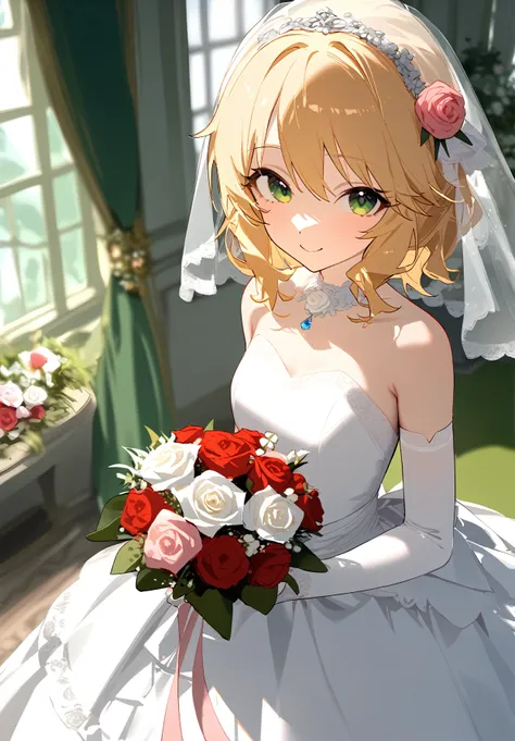 1girl, 
sakurai momoka, idolmaster, 
greenhouse, blurry, short hair, looking at viewer, rose, green eyes, wedding dress, standing, red rose, gloves, white dress, red flower, dress, white flower, indoors, bouquet, hair ornament, smile, solo, blonde hair, pi...