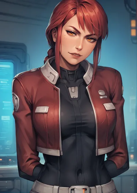 <lora:EverSpace_2_Style_PonyXL-000007:0.8>,
solo, 1girl, makima, orange eyes, confident face, orange eyes, red hair, black bodysuit, red jacket, hands behind back, head tilt, science fiction,, BREAK score_9, score_8_up, score_7_up, score_6_up, score_5_up,