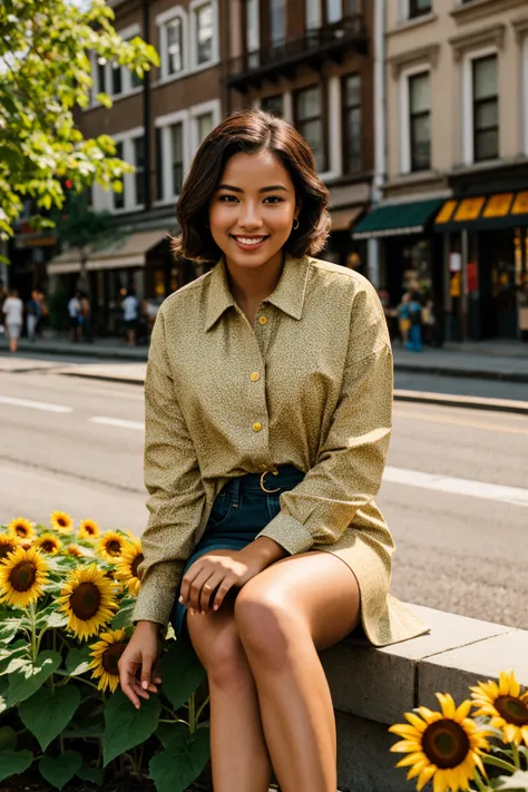 vintage style photo of Medium format photorealistic highly detailed 8k photography, (Plain young woman seated with crossed legs:1.1), Best street shot quality, Volumetric lighting, Casual street wear, Realistic skin texture, Earthy color tones, Lush vibran...