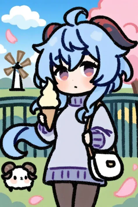 chibi,chibi, 1girl, ganyu (genshin impact), solo, outdoors, long hair, goat horns, ice cream, horns, flower, purple eyes, blue hair, sweater, petals, looking at viewer, pantyhose, food, bag, turtleneck, ahoge, bangs, blush, windmill, purple flower, sheep, ...