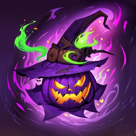 HEZI, game equipment items, ICONS, no humans, jack-o-lantern, pumpkin, halloween, glowing, glowing eyes, solo, fire, purple background, looking at viewer, ghost, full body, yellow eyes, floating, halloween costume, purple fire, simple background, witch hat...