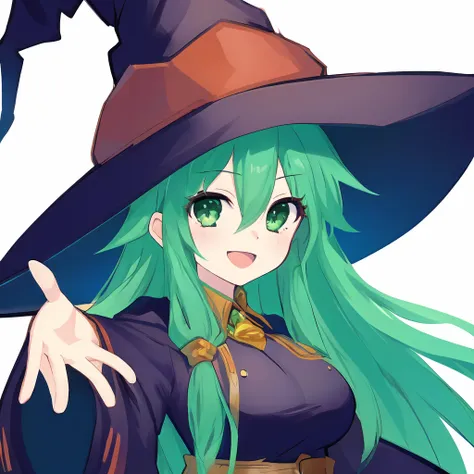 1girl, 
natsumi (date a live),  
solo, hand up, eyelashes, white background, curvy, open mouth, close-up, clenched hand, wide sleeves, witch, star print, very long hair, wizard hat, green hair, hand on headwear, black hat, green eyes, looking at viewer, si...