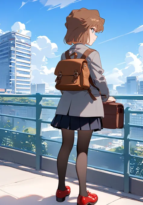 1girl, 
haibara ai, meitantei conan, 
english text, outdoors, cloudy sky, sky, sign, black hair, day, black skirt, blue sky, red footwear, brown bag, city, black pantyhose, pleated skirt, full body, coat, pantyhose, holding, solo, grey coat, building, fenc...