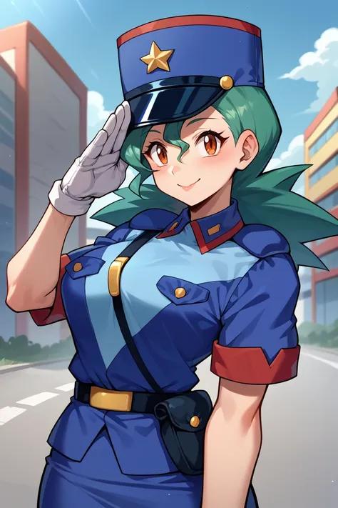 score_9, score_8_up, score_7_up, score_6_up, source_anime, BREAK 1girl <lora:pkmnjenny-pdxl-nvwls-v1-000005:1> pkmnJenny, green hair, blue hat, police uniform, blue shirt, short sleeves, belt, pencil skirt, white gloves, looking at viewer, happy, city, sal...