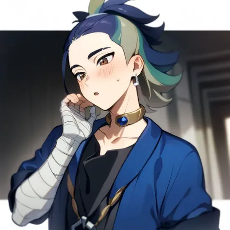 1boy, male focus, brown eyes, multicolored hair, half updo, blue hair, green hair, earring, blue jacket, choker, black shirt, bandaged hand, aesthetic, very aesthetic, absurdres, best quality, solo, :o, blush