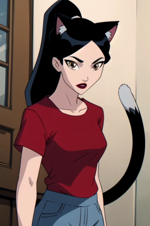 1girl,solo,cat ears,tail,meme,upper body,black hair,long hair,ponytail,brown eyes,red lips,anime coloring,blue shirt,blue pants,looking at viewer