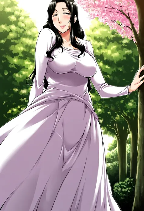 1girl, solo, solo focus, female focus, mature woman, medium breast, outdoor, pink flower, tree, black hair, long hair, white dress, tall woman, face, at park, from front, facing camera,  blush, smile, dark light, half closed eyes, <lora:Saiyazumi style v1....