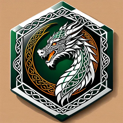 a hexagonal badge of a dragon, celtic, white logo,vector,  <lora:badgemkrsdxl:0.9>, best quality, intracate border,