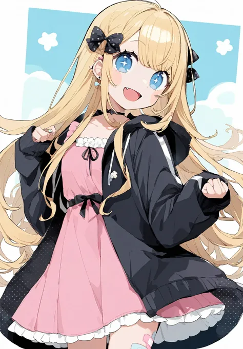 1girl, 
chon (chon33v), 
jacket, black jacket, bandaid on knee, hood down, dress, hooded jacket, bow, bandaid, pink dress, hair bow, bandaid on leg, hands up, blue eyes, hood, long sleeves, parted bangs, long hair, smile, collarbone, fang, closed mouth, po...