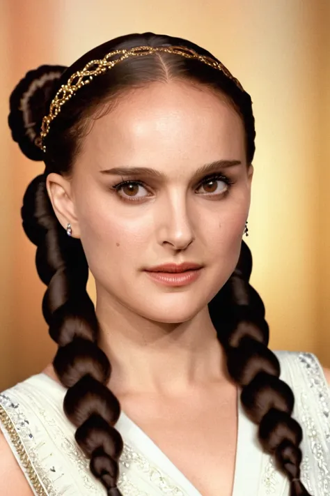 queen padme amidala (natalie portman) with intricate braids and jewelry <lora:nataliePortman:1> . 35mm photograph, film, bokeh, professional, shot by sohrab hura, 4k, highly detailed