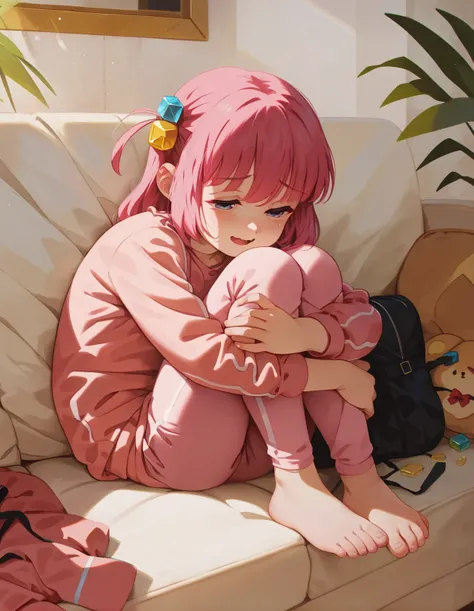 score_9,score_8_up,score_7_up, rating_safe,a girl on a couch, half-closed eyes, nervous smile, open mouth, bocchi the rock!, pink pants, hugging own legs,   <lora:alkemanubis_style_pony6_v3-000036:1>