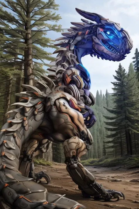 (8k, hd, crisp, sharp details, Highly detailed, detailed, realistic, best quality, (dinosaur, clawstrider, raptor, robot), leg raptor, tail, claws, outside, forest, day, blue sky