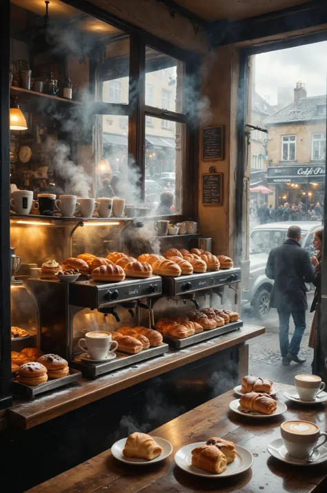 An incredibly realistic image of a bustling caf scene, with patrons chatting over steaming cups of coffee and pastries displayed in the window with such clarity that viewers can almost smell the aroma. 
 <lora:add-detail-xl:1> <lora:WildcardX-XL-Detail-Enh...