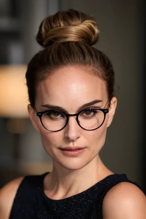 natalie portman a young but tired mom with round glasses and a messy top-knot hair bun. The focus is sharp on her tired yet resilient desirable eyes, framed by charming glasses, with a soft bokeh background that creates a shallow depth of field. Her dishev...