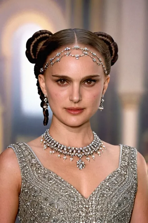 queen padme amidala (natalie portman) with intricate braids and jewelry <lora:nataliePortman:1> . 35mm photograph, film, bokeh, professional, shot by joel meyerowitz, 4k, highly detailed