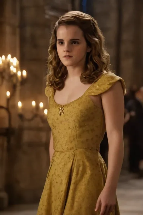 cinematic film still hermione granger (emma watson) wearing intricate glorious yellow dress and gryffindor scarfextending at hogwarts great hall by night <lora:emmaWatson:1> . shallow depth of field, vignette, highly detailed, high budget Hollywood movie b...