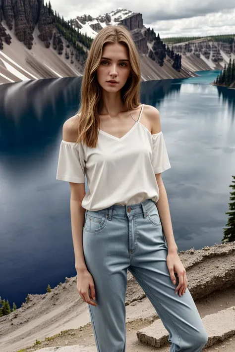 <lora:kawaii7.1.3_obj20:0.75:0.25>, European woman, closeup, sandals, (shirt), pants, (crater lake national park), ZM_marketa, wide shoulders, perfect face, (contact iris: 1.1), pale skin, skin pores , depth of field, ((good aesthetic))