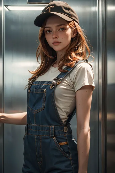 photo of HaleyH, Long hair, Straight hair, Red hair, Brown eyes, a stunning woman,in a (elevator:1.1),wearing a (long overalls:1.1), dirty cap,(4k, RAW photo, best quality, 35mm, depth of field, ultra high res:1.1),(intricate, photorealistic, cinematic-sho...