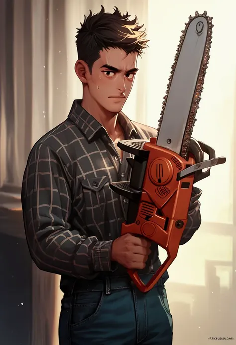 man holding chainsaw, score_9, score_8_up, score_7_up, score_6_up, score_5_up, score_4_up,