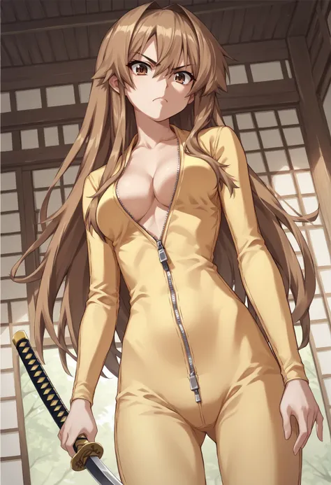 1girl, solo, long hair, brown hair, brown eyes, san, medium breasts, cowboy shot, dutch angle, serious, yellow bodysuit, zipper, cleavage, cowboy shot indoors, japanese house, kill bill, holding katana <lora:LunaSan:1>, score_9, score_8_up, score_7_up, sco...