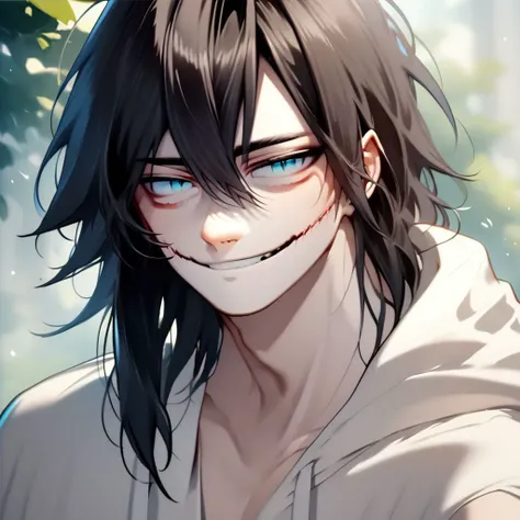 score_9, score_8_up, score_7_up, score_6_up, score_5_up, score_4_up,1boy, white hoodie, long black hair, slit smile, blue eyes, pale skin, , hyper detailed, beautiful anime painting, solo, male focus, half body