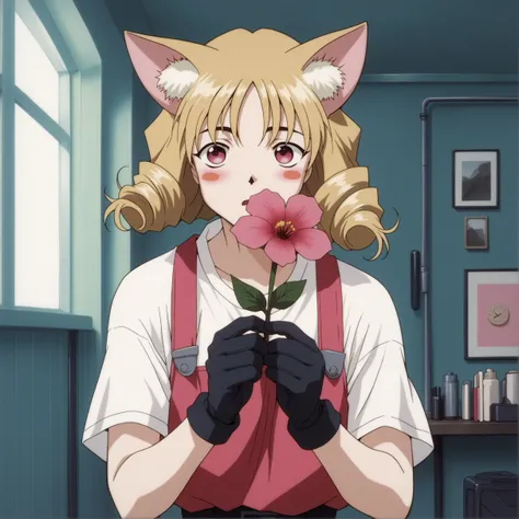 CZWBZP, (score_9, score_8_up, score_7_up, score_6_up, source_anime:0.7), 1girl, catgirl, pink eyes, blush, flipped hair, blonde hair, skirt, holding flower, gloves, indoors, salon, white animal ear fluff