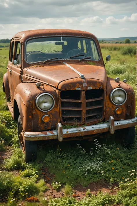 An incredibly detailed image of a rusted vintage car abandoned in a field, with each weathered surface and chipped paint meticulously rendered to evoke a sense of nostalgia and decay. 
 <lora:add-detail-xl:1> <lora:WildcardX-XL-Detail-Enhancer:0.9> 
 <lora...