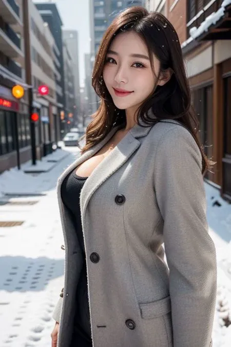 show girl , mature woman, beautiful and charming, light makeup, slim body, long hair, cleavage, detailed face, close shot, close view, nature light, smile, 
Korean style coat and suit, walk in snow cityscape,