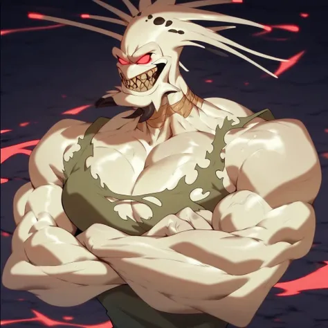 score_9, score_8_up, score_7,up, score_6_up BREAK Nicotine, virus, solo, 1boy, muscular male, large pectorals, light yellow skin, red eyes, torn garments, teeth BREAK smile, crossed arms