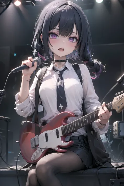 (masterpiece),best quality,1girl, music, instrument, solo, black hair, open mouth, sweat, microphone, guitar, necktie, singing, choker, shirt, makeup, jewelry, earrings, long hair, pink eyes, purple eyes, electric guitar, holding, jacket, white shirt, play...