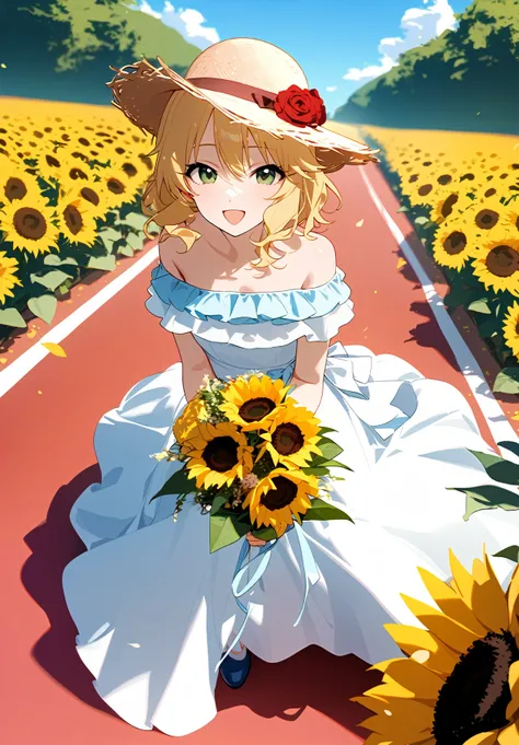 1girl, 
sakurai momoka, idolmaster, 
flower, blue sky, blonde hair, sunflower, smile, field, bare shoulders, off-shoulder dress, outdoors, open mouth, wavy hair, frills, green eyes, rose, hat, looking at viewer, short hair, sky, frilled dress, holding bouq...