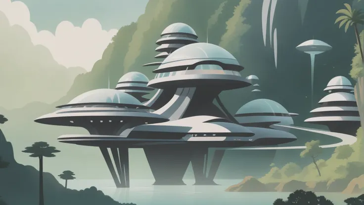 mid-century scifi, mountainside,cosmic scifi village in a Tropical Rainforest<lora:EnvyStarlightMidCenturyScifi02:1>