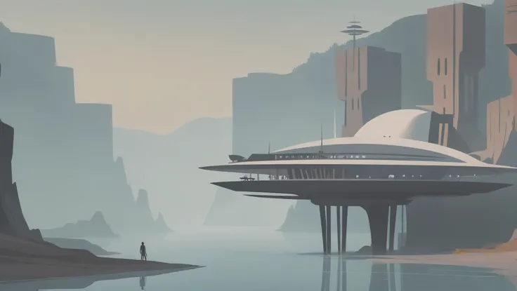 mid-century scifi, cliffside,solemn scifi village outside of the multiverse<lora:EnvyStarlightMidCenturyScifi02:1>