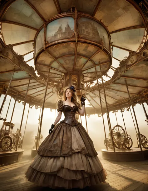 In this fantastical scene, Kate, dressed in a breathtaking steampunk outfit featuring an ethereal, asymmetrical gown made from weathered maps, wanders through a forgotten carousel that appears to have been swallowed whole by the dusty remnants of time, as ...