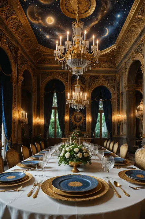 A set of intricately designed dinner plates resembling celestial bodies, arranged on a table fit for a king in a grand palace adorned with ornate tapestries and chandeliers, evoking a sense of regal opulence. 
 <lora:add-detail-xl:1> <lora:WildcardX-XL-Det...