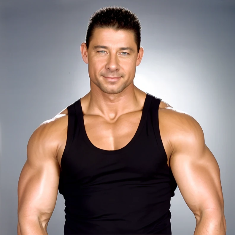 (RAW photo), 1boy, solo, <lora:RobertVanDamme:0.85>, robvandamme, muscular, muscular male, absurdres, smirk, (portrait:1.3), black tank top