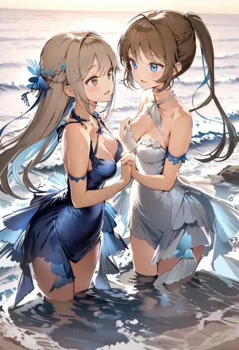 masterpiece, best quality, <lora:anmiXL_ANI31_lokr_V4239:0.95> breasts, multiple girls, 2girls, cleavage, brown hair, dress, blue eyes, holding hands, long hair, smile, blue dress, brown eyes, medium breasts, water, looking at another, closed mouth, bare s...