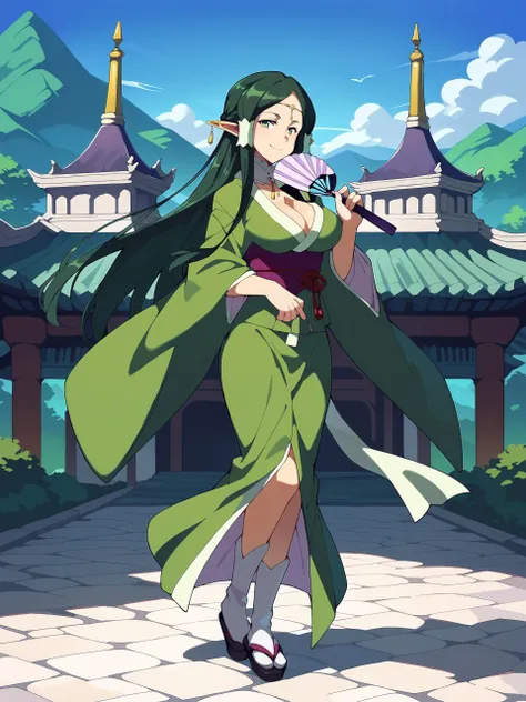 score_9, score_8_up, score_7_up, score_6_up, score_5_up, sakuya, 1girl, green eyes, ear covers, pointy ears, elf, hair_tubes , long hair, dark green hair,large breasts, kimono, cleavage,looking at viewer, palace, calm, smile, standing, solo, outdoor, sky, ...