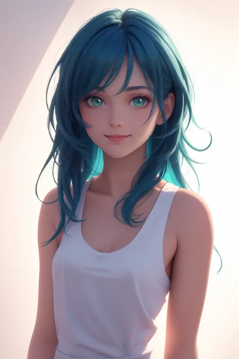 a beautiful blue haired girl, long messy hair, beautiful detailed deep green eyes,  shy smile, small breasts, white tank top, upper body view, ultra realistic, colorful,
(masterpiece:1.2), (best quality:1.2), ultra-detailed, best shadow, detailed backgroun...