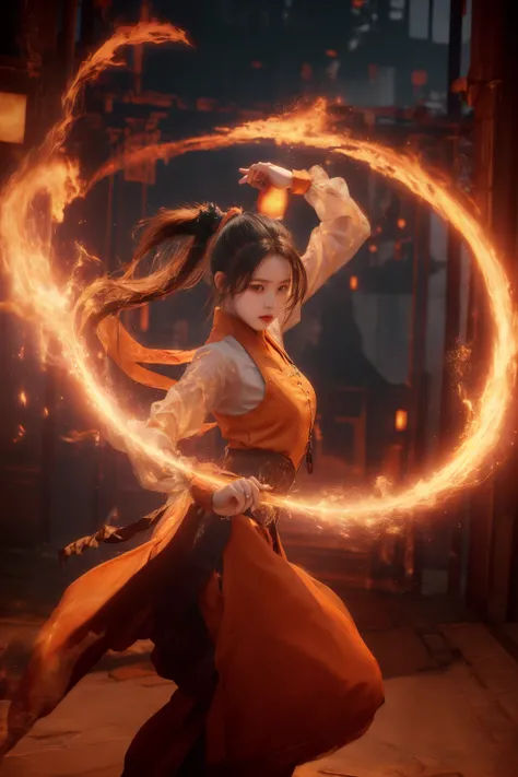 orang-aura,using orang-magic,orang-magic,ancient-costume,dancing,solo,1girl,fire,long hair,ponytail,<lora:magic_fighting_512_15:0.8>,