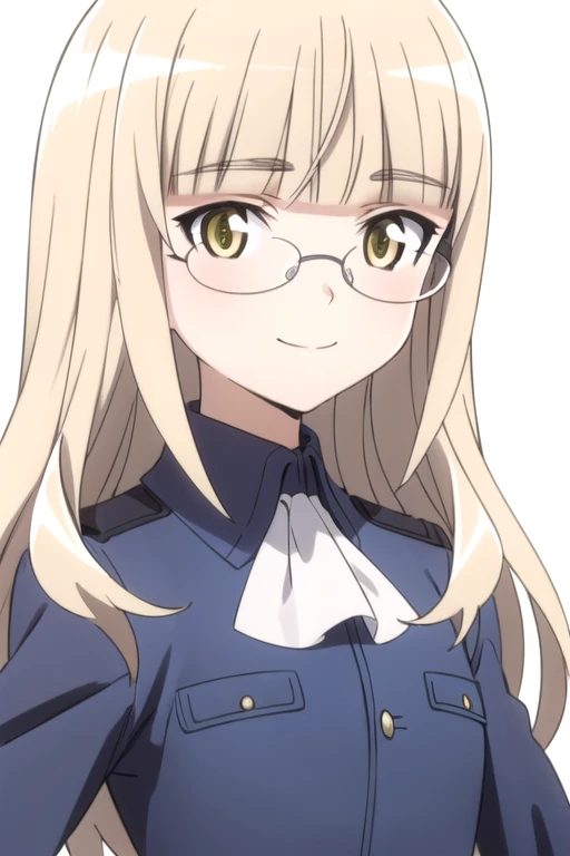 solo, 1girl, looking at viewer, 2D, anime, anime coloring, upper body, (simple background, solid white background:1.3), <lora:perrine-strikewitches:0.8>, perrine h. clostermann, uniform, smile