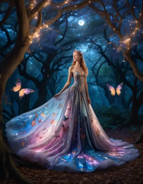 In the bewitching surreal fantasy realm, a radiant, confident woman with an enchanting gown emblazoned in shimmering unicorns roamed regally beneath the mesmerizing moonlit canopy, captivating the attention of the whimsical butterfly that dared to get clos...