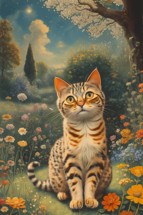 masterpiece,best quality,<lora:tbh120-:0.9>,portrait of a cat farmer,flower,outdoor,illustration,style of Louis Wain,