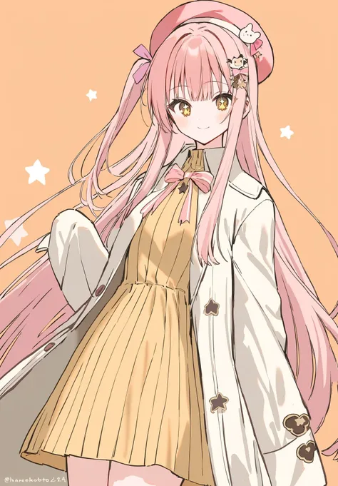 1girl, 
hanekoto, 
holding, hand up, ribbed dress, smile, orange background, hair bow, bow, puffy sleeves, one side up, hat bow, pink hair, white coat, standing, closed mouth, pink headwear, character hair ornament, open clothes, open coat, star in eye, dr...