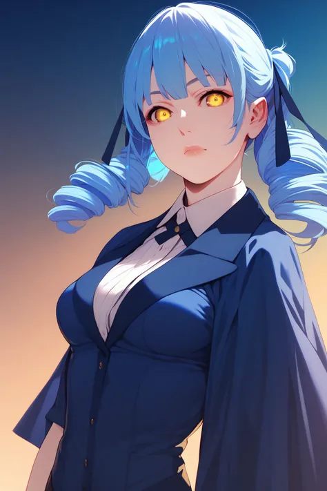 score_9, score_8_up, score_7_up, 1girl, :>, hands_on_hip, light_blue hair, wispy_bangs, twin_drills, yellow eyes, medium breasts, beautiful background <lora:Naomura_Tooru_PonyXL_style_v01.10.01.02:1>